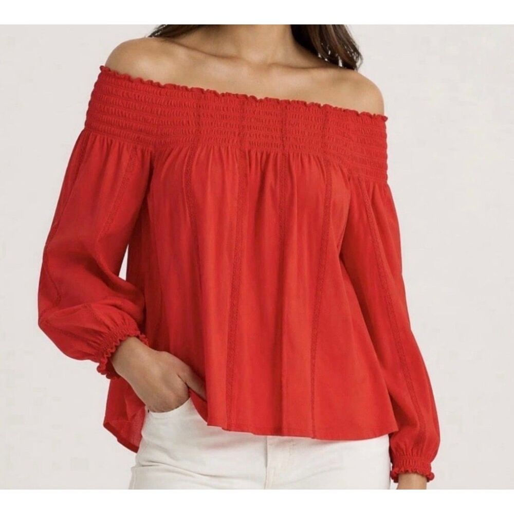 Ralph Lauren Red Smocked Off the Shoulder Blouse Top Peasant Sleeve XS Prairie